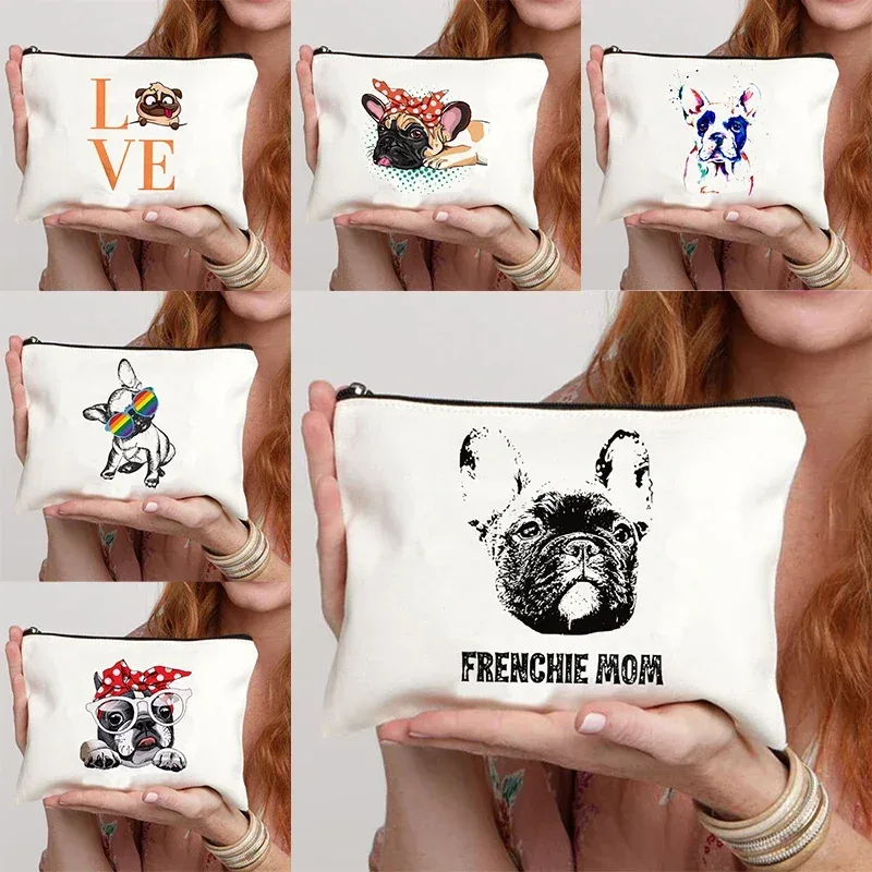 trousse de maquillage en toile pour femme, trousse de toilette, valise professionnelle, impression de dessin animé, bouledogue français, drôle