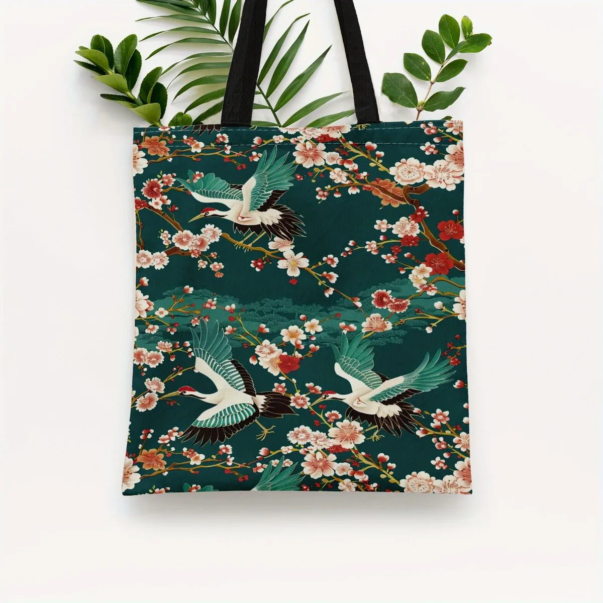 sac fourre-tout d'inspiration japonaise avec grue et imprimé floral, sans fermeture, sans doublure, sac de courses durable et réutilisable