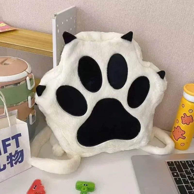 sac à dos en peluche doux et moelleux en forme de patte de chiot ou de chat, style kawaii, avec bretelles réglables, motif animaux de dessin animé, grande capacité
