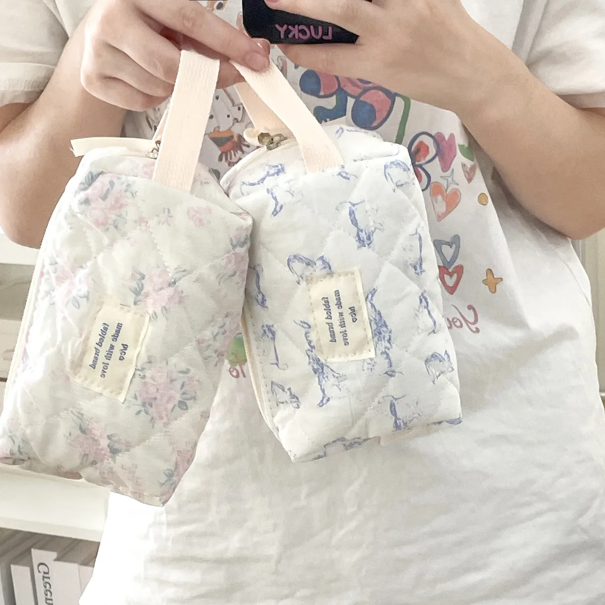 sac à cosmétiques vintage à fleurs pour femmes, pochette à carreaux mignonne, trousse de maquillage de voyage, petits sacs à main matelassés en coton à fleurs