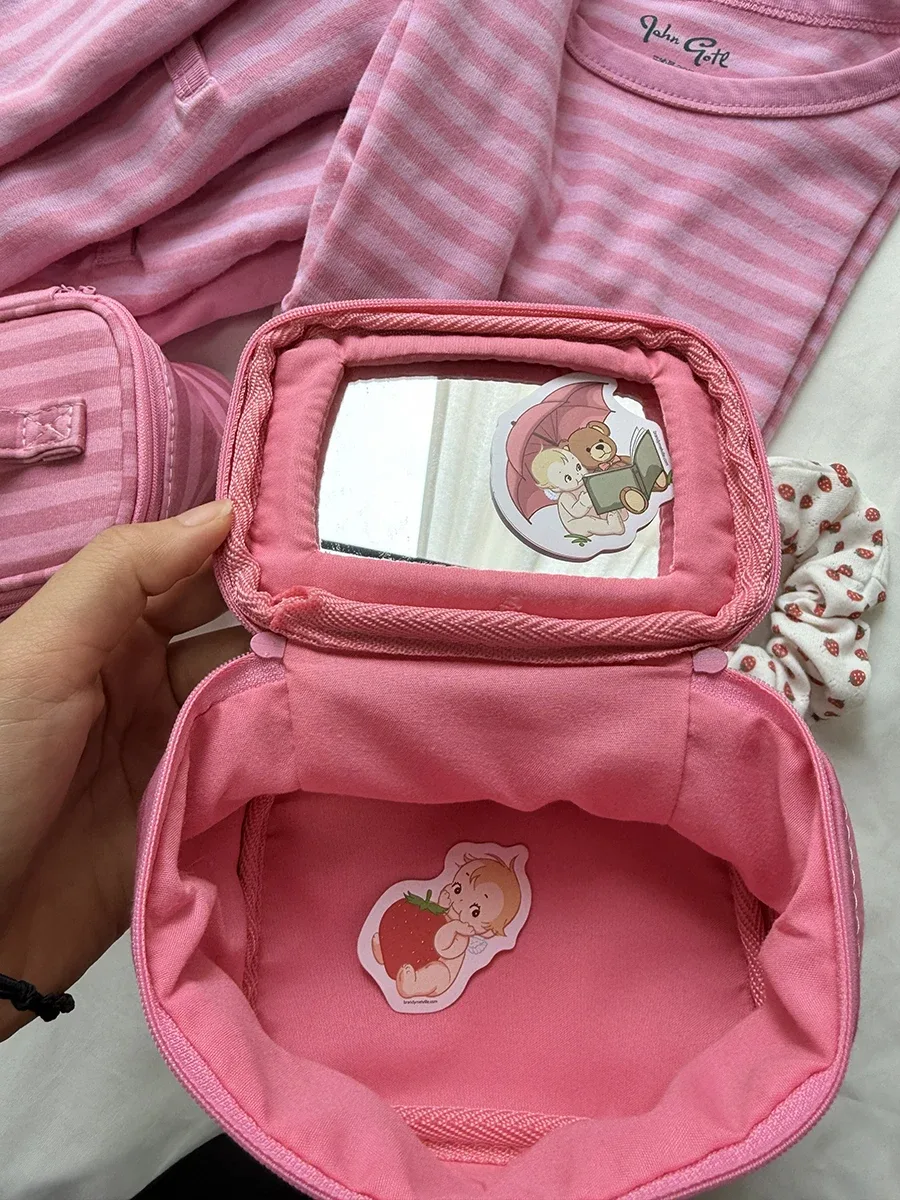 trousse de maquillage rose rayée effet miroir pour femme, sac de voyage cosmétique portable à fermeture éclair, organisateur de voyage mignon et doux pour filles, pochette de toilette