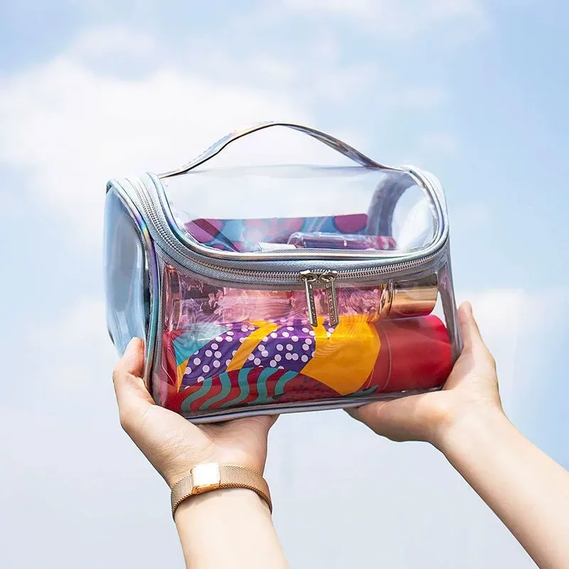 sac à cosmétiques de voyage transparent étanche de grande capacité, pochette de rangement de maquillage portable en pvc, trousse de toilette à fermeture éclair