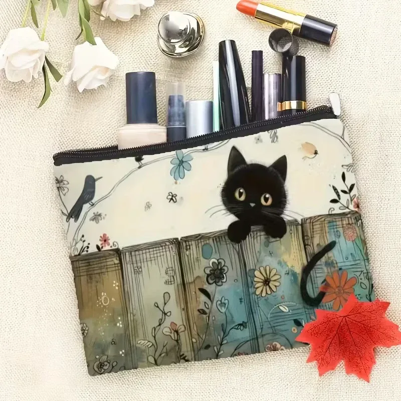 pochette à fermeture éclair à motif de chat noir, sac à cosmétiques durable, résistant à la décoloration, sac de rangement pour maquillage de voyage, cadeau pour filles