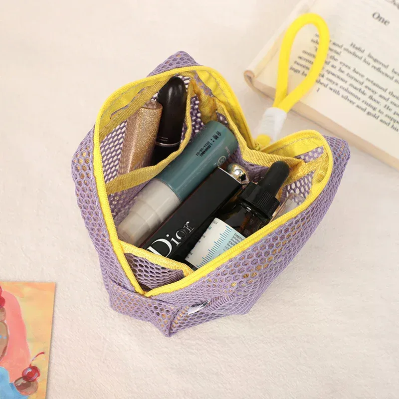 sac de rangement cosmétique carré portable avec fermeture éclair, sac cosmétique carré en maille, sac de rangement multi-usages pour articles divers
