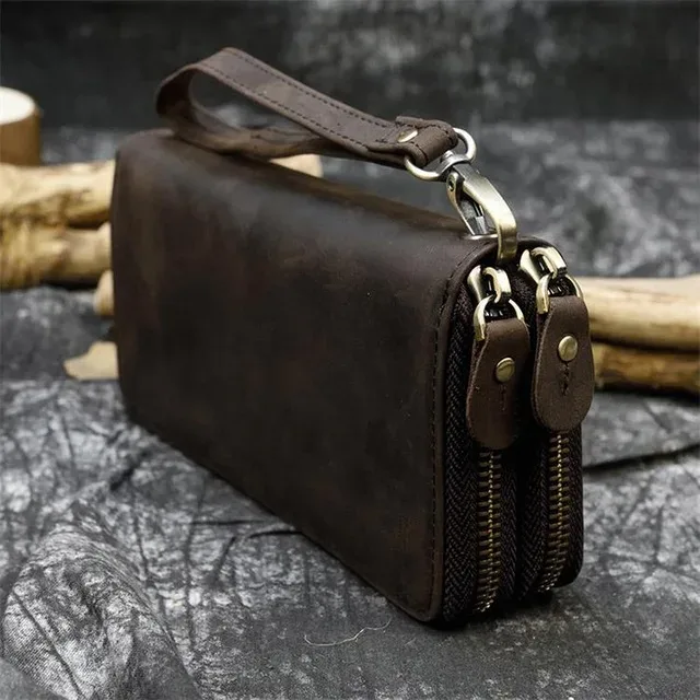 luufan-long sac à main en cuir de cheval vintage pour hommes et femmes, portefeuilles à double fermeture éclair pour carte de crédit, pochette pour homme
