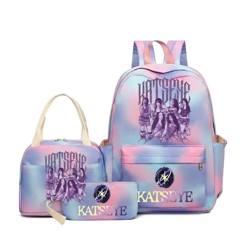 nouveaux sacs à dos katseye à imprimé amusant, 3 pièces/ensemble, sac d'école pour étudiants, sac de voyage pour adolescentes et garçons, sacs à lunch, sac à dos