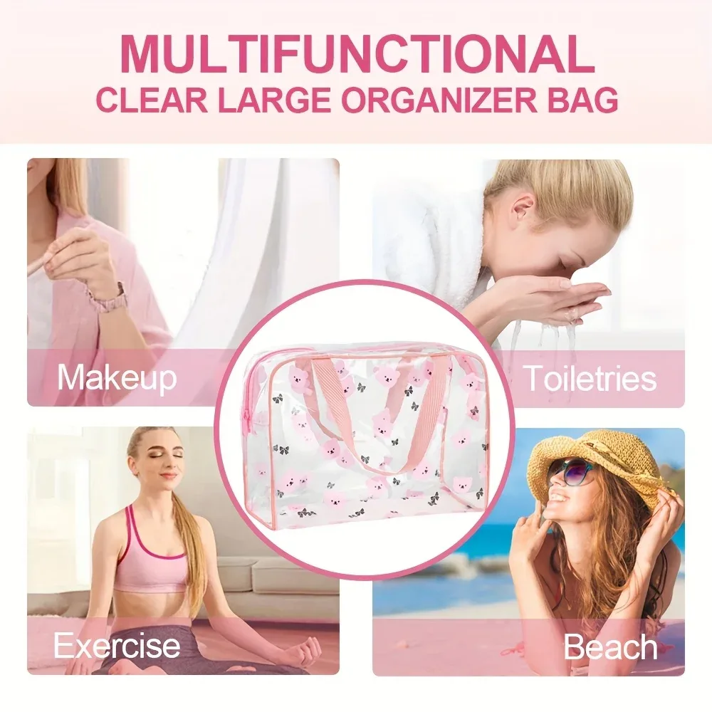 trousse toilette pvc motif ours papillons rose cosmétiques maquillage voyage grande pochette transparente compartiments poignées