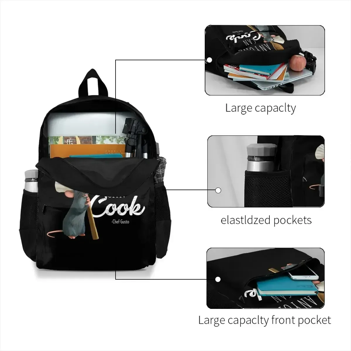 sac dos polyester noir souris chef gusto poches latérales avant grande capacité usage voyage école sport