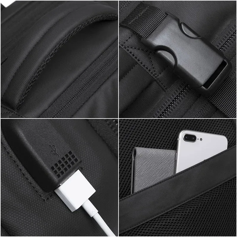 sac dos oxford université noir bandes grises poche latérale port usb sangles respirantes grande capacité voyage étanche