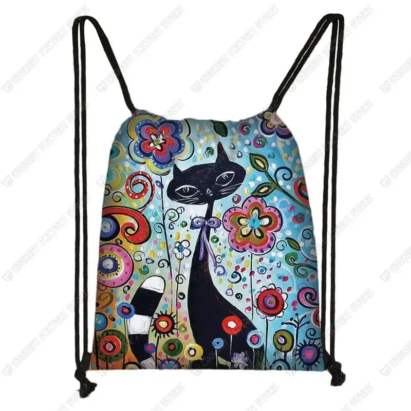 sac à dos de voyage en toile avec motif de chat pour femme, sac de rangement, sac de proximité, joli, mignon, chat de dessin animé, image imprimée, mode