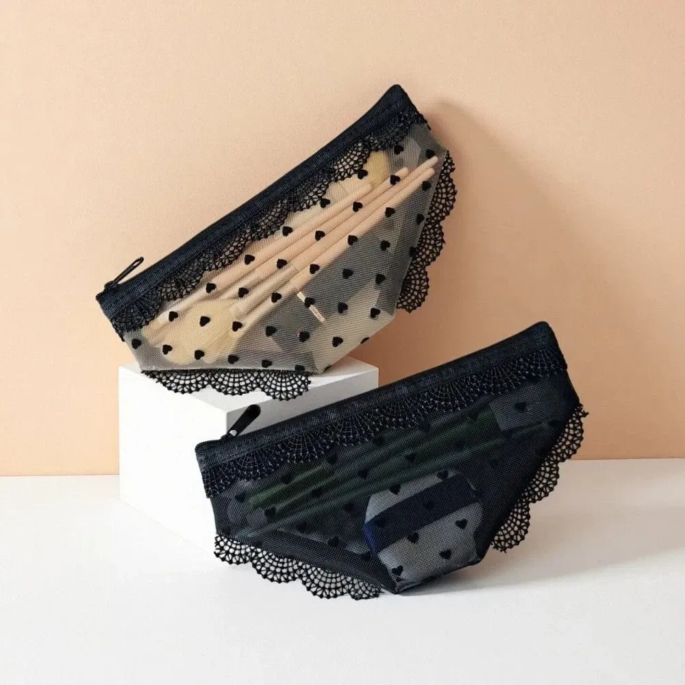 trousse de maquillage transparente en dentelle cœur y2k, pochette de rangement cosmétique en maille pour voyage