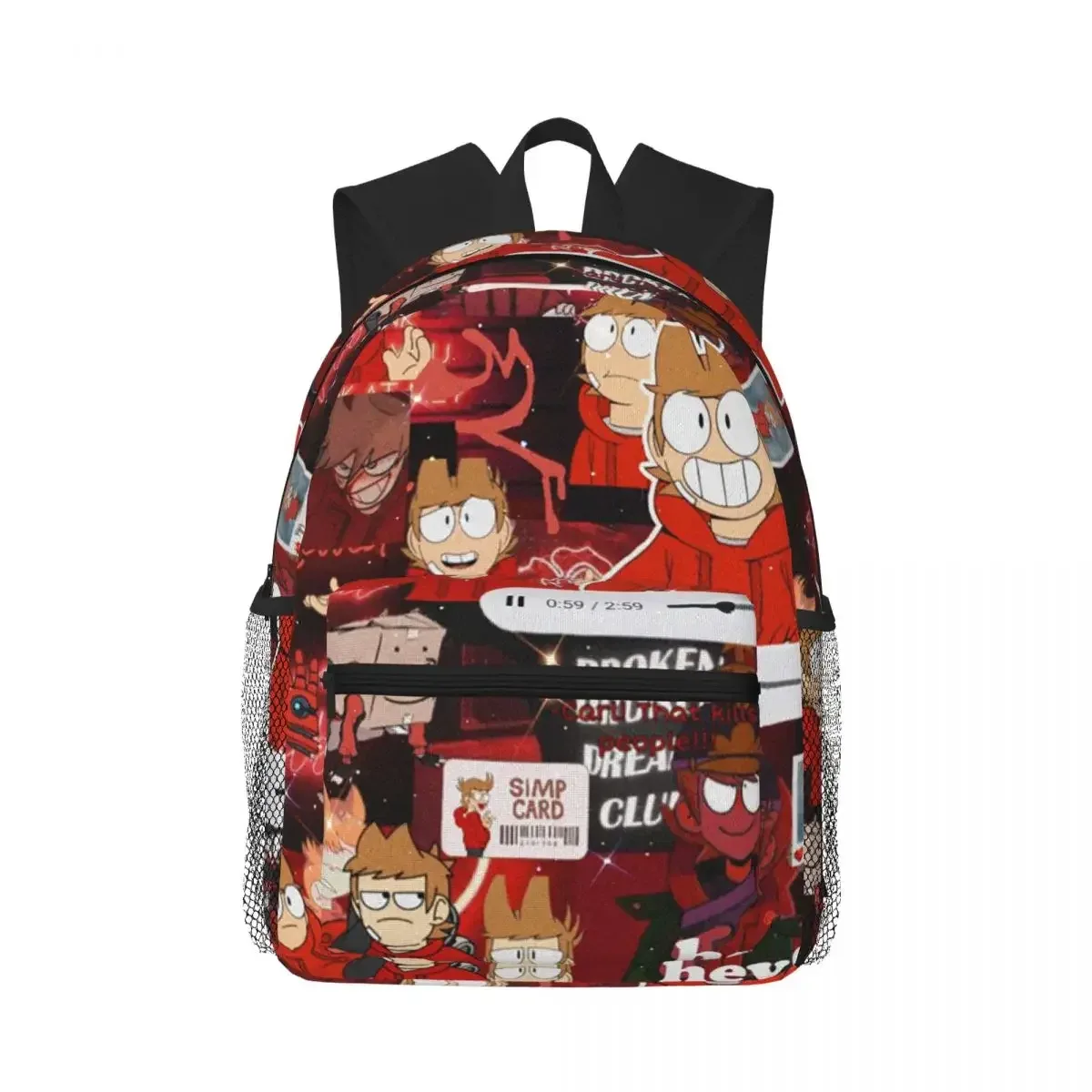 sac dos polyester rouge motif personnages animaux poignées noires poches latérales filet noir forme rectangulaire capacité 20 35 litres usage étudiant scolaire randonnée voyage