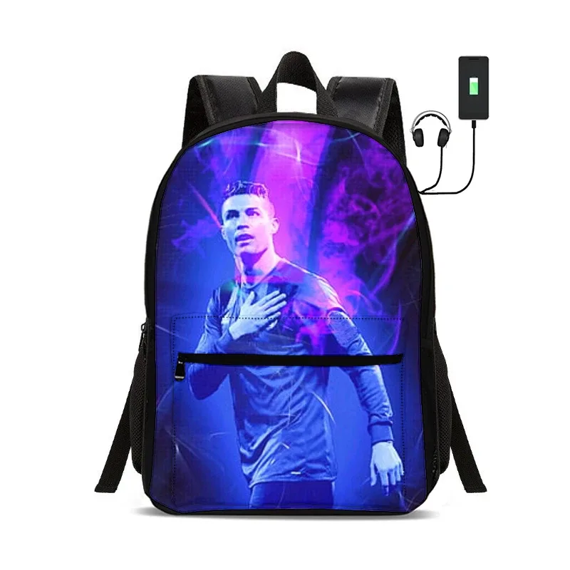 sac à dos de star du football avec interface usb, sac à dos ronaldo pour étudiants, sac à dos pour garçons et filles, meilleur cadeau