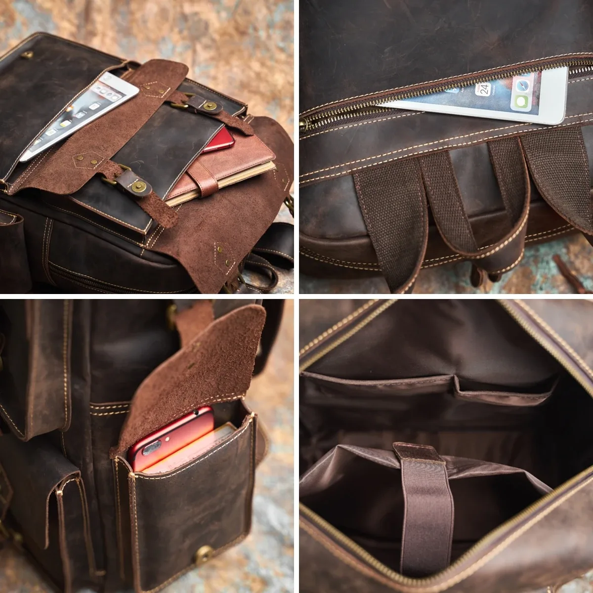 nasva – sac à dos vintage en cuir véritable pour hommes, sac de voyage en plein air pour ordinateur portable, sac d'école de randonnée pour ordinateur portable 15.6 pouces