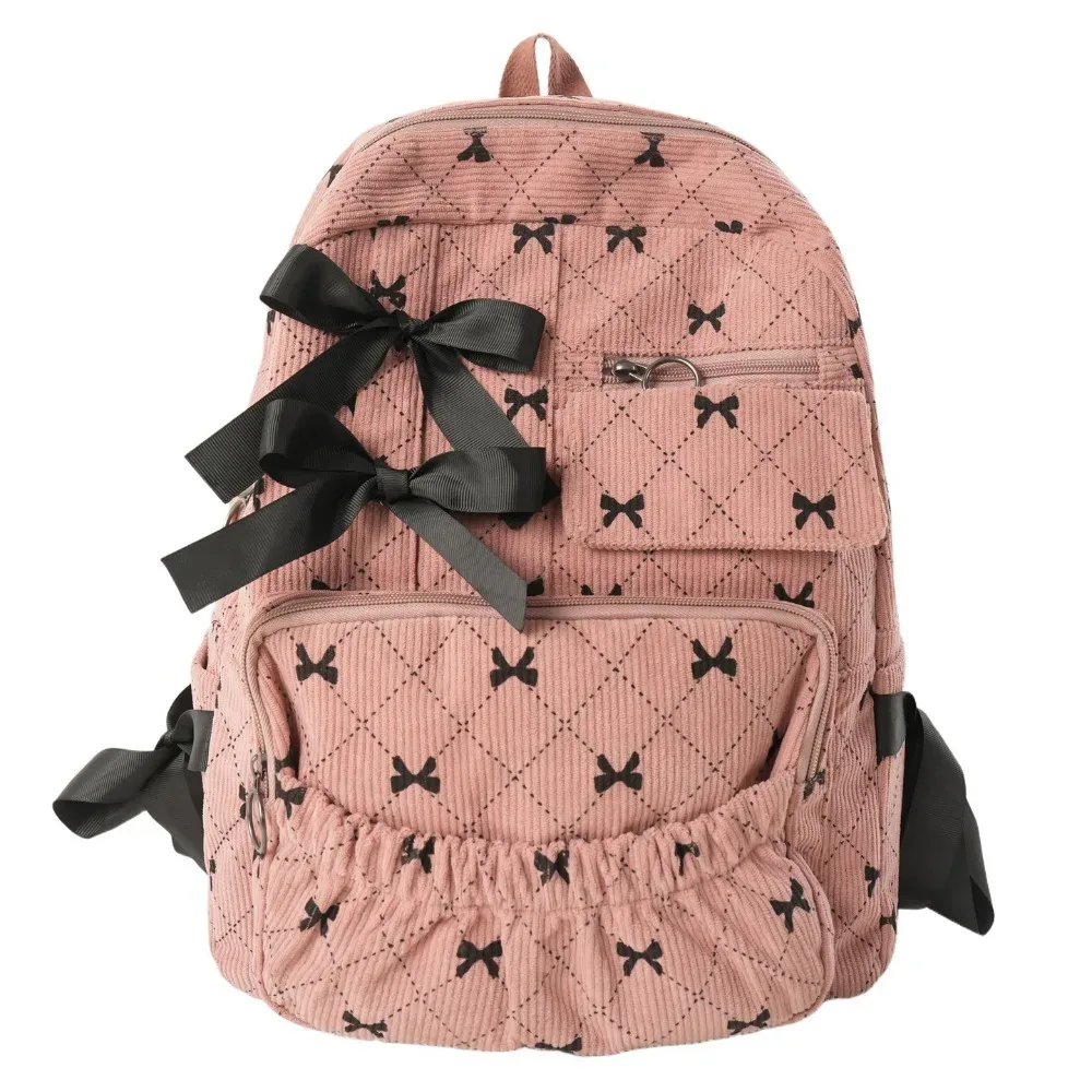 sac à dos tendance en velours côtelé avec nœud, style ins, imprimé nœud, polyvalent, grande capacité, pour étudiantes