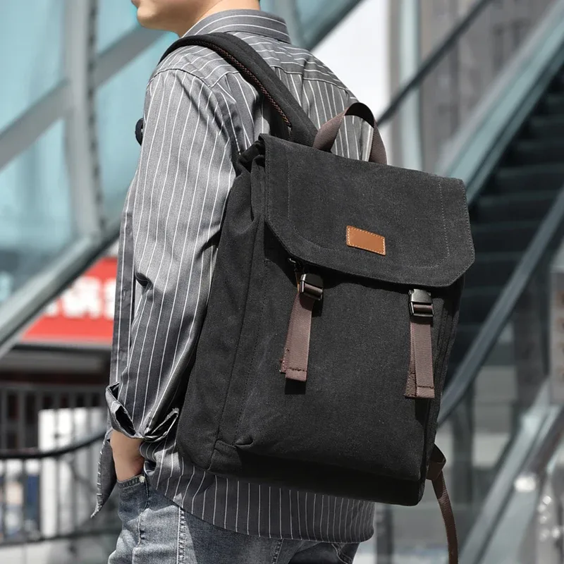 sac à dos en toile pour hommes, sac de grande capacité de style rétro avec sangles à boucle