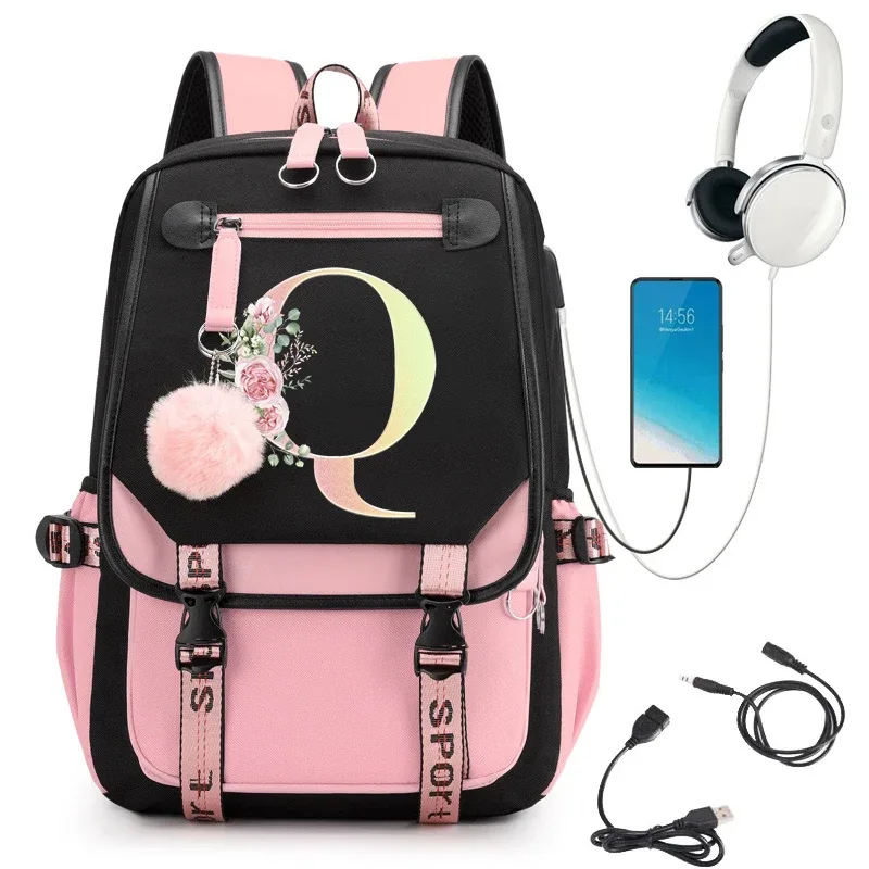 sac à dos rose graphique or imprimé lettre fleur a-z alphabet épaule sac adolescente mode fille sac à dos lycée sacs à dos