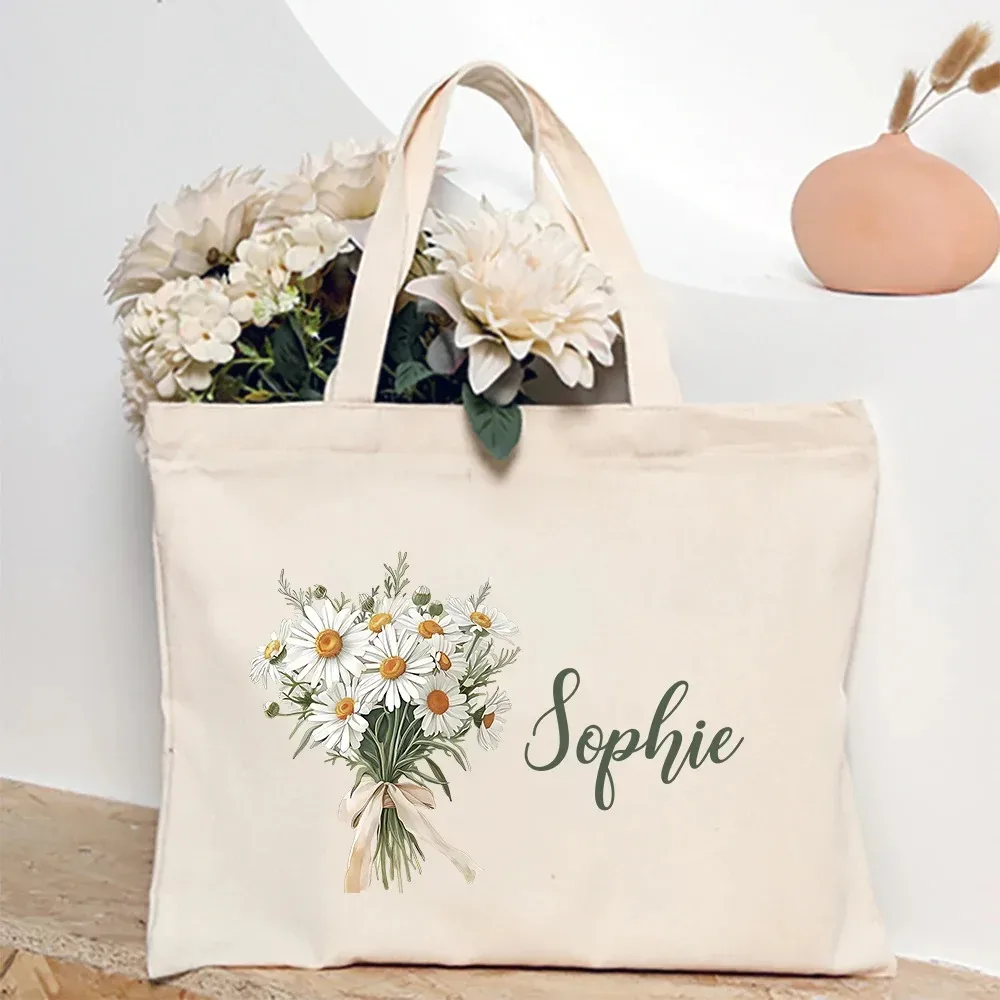 sac à bandoulière personnalisé avec fleur du mois de naissance et nom, sac fourre-tout en toile monogramme, idéal pour mariage, anniversaire, fête, meilleur cadeau pour elle