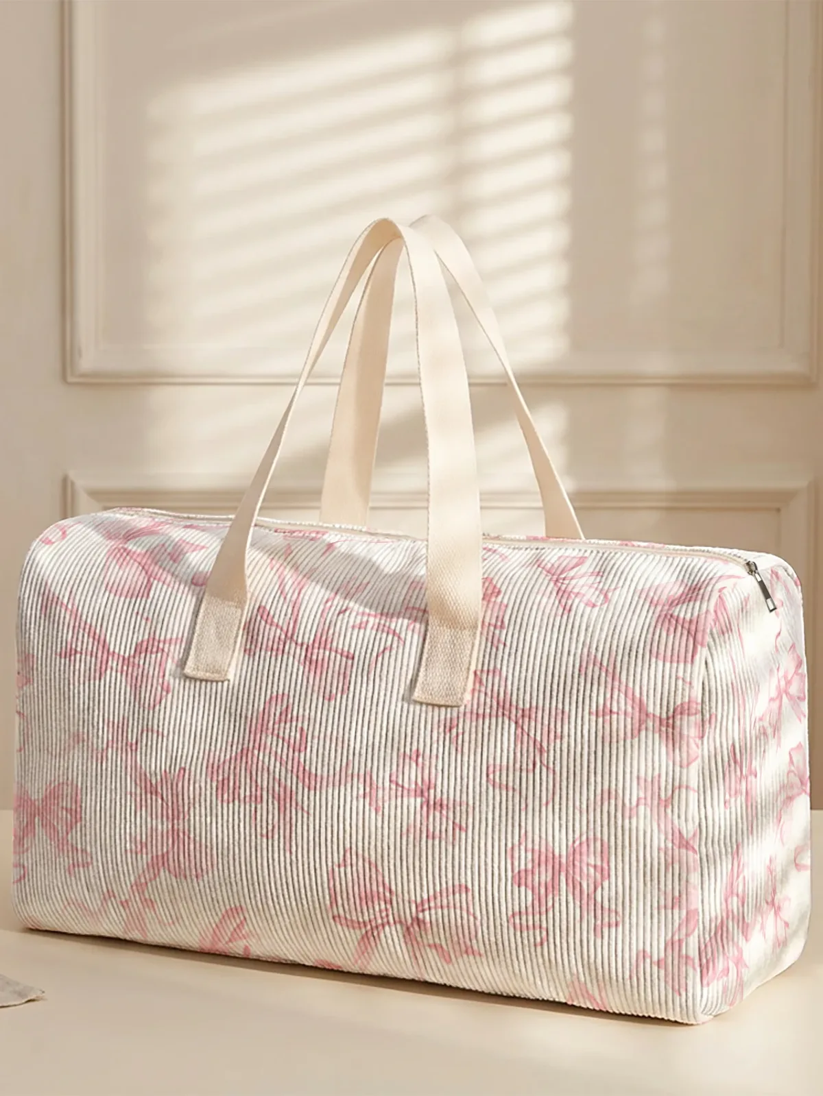 sac voyage polyester papillons roses rayures grises motif beige blanc transport week end sport