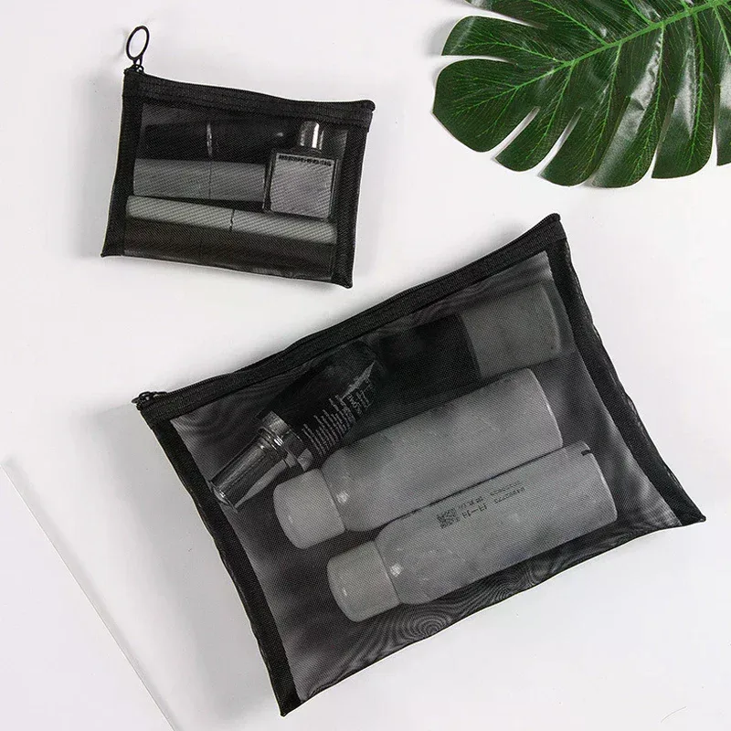 trousse toilette nylon transparent marron rose organisation maquillage voyage cosmétiques soins peau parfums pinceaux pratique transport quotidien use