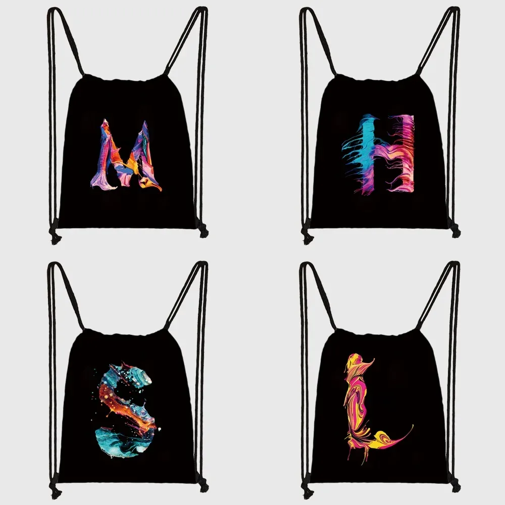 sac dos lin noir motif multicolore compact pliable cordon serrage poignées souple grande capacité sports plein air harajuku polyvalent
