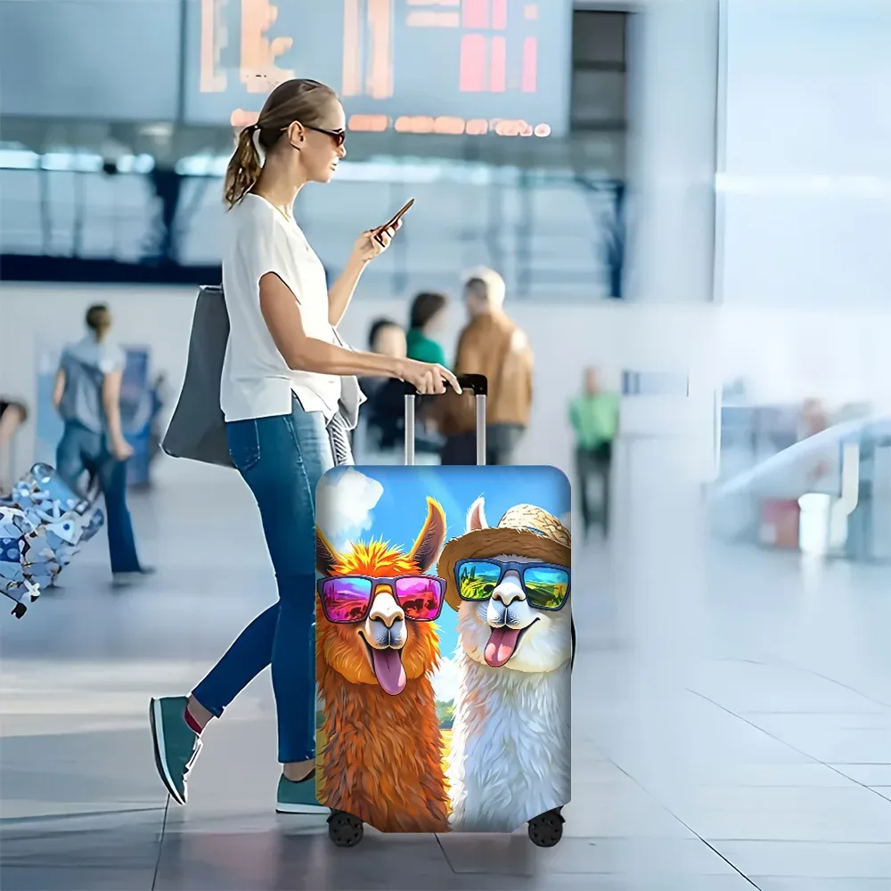 housse valise polyester motif alpagas joyeux lunettes chapeau nuages bleus orange blancs protection voyage taille variable