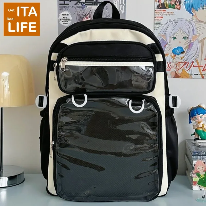sac à dos ita rose italife big anime avec plaque d'insertion, grand sac itabag jaune kawaii pour femmes, double poche transparente pour affichage de pins h260