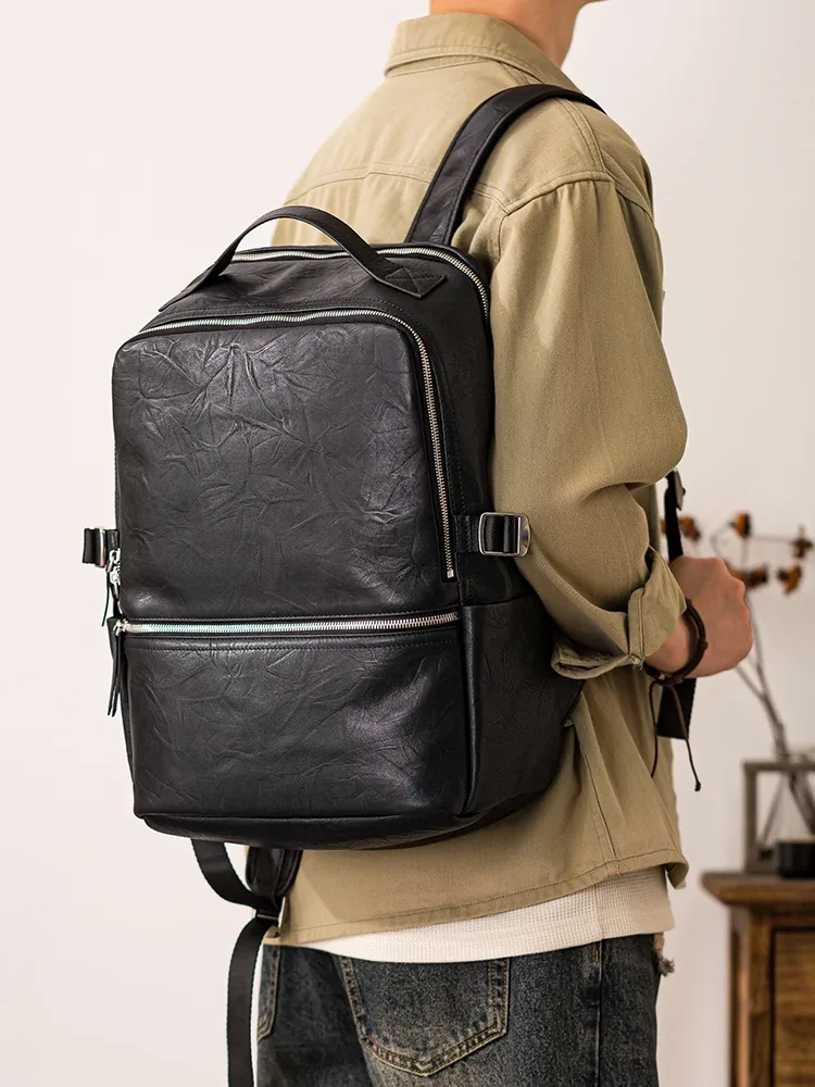 pndme voyage en plein air de haute qualité en cuir véritable hommes noir sac à dos mode décontracté luxe en cuir de vache ordinateur sac à dos