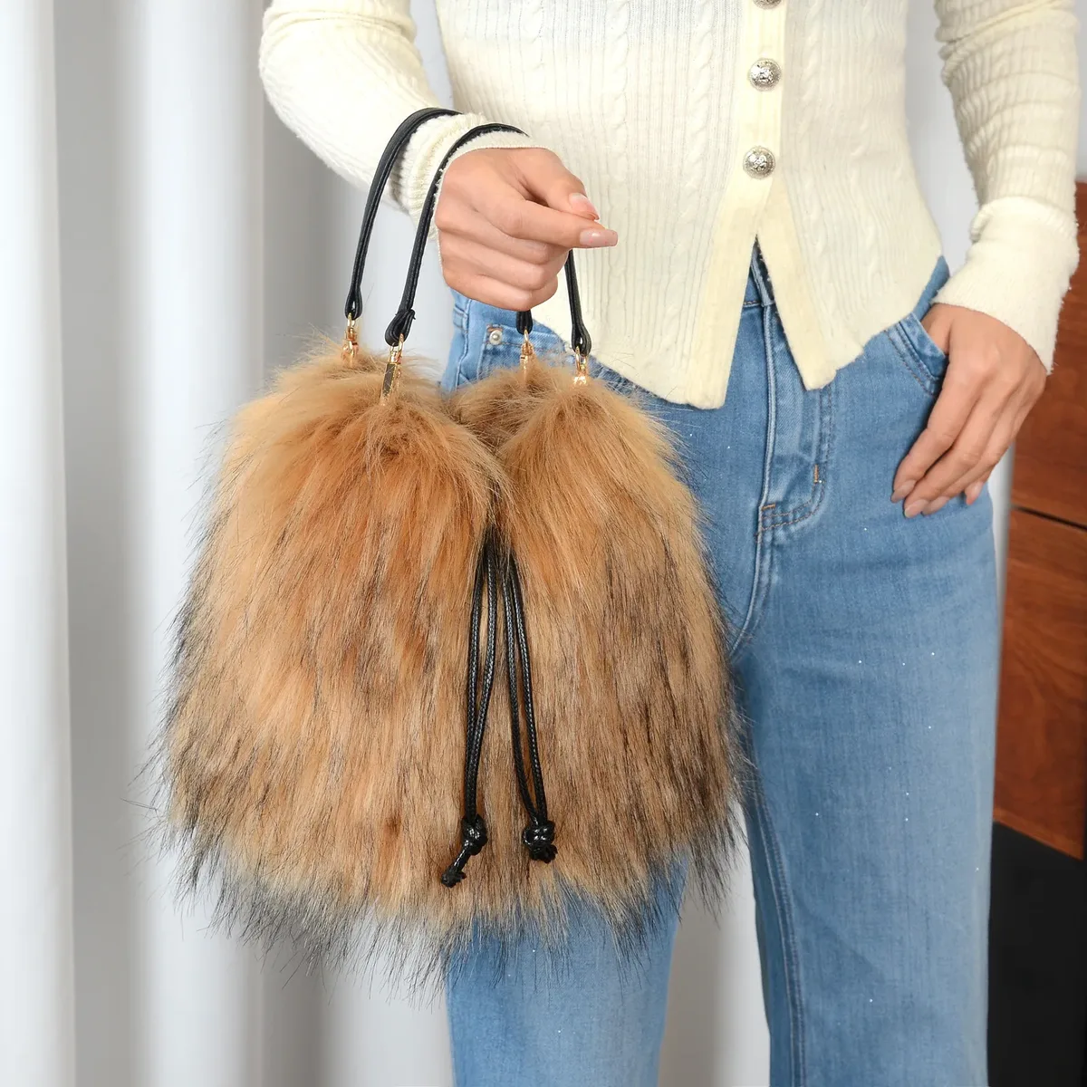 sac à main tendance en fausse fourrure pour femme, collection automne-hiver, sac seau de luxe, sac fourre-tout en fausse fourrure de raton laveur, sac à main haut de gamme