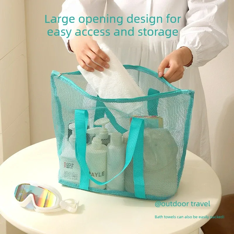 sac de plage en maille grande capacité avec poignées, sac de rangement ajouré pour voyages en bord de mer, serviettes, chaussons et courses