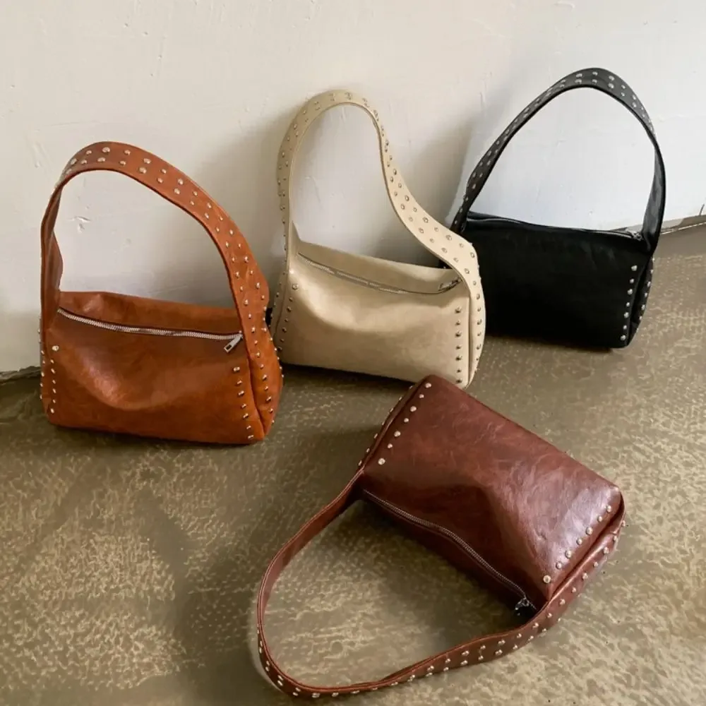 sac à main tendance style spicy girl, rétro à rivets, sac carré décontracté, sac d'épaule français couleur unie pour le quotidien