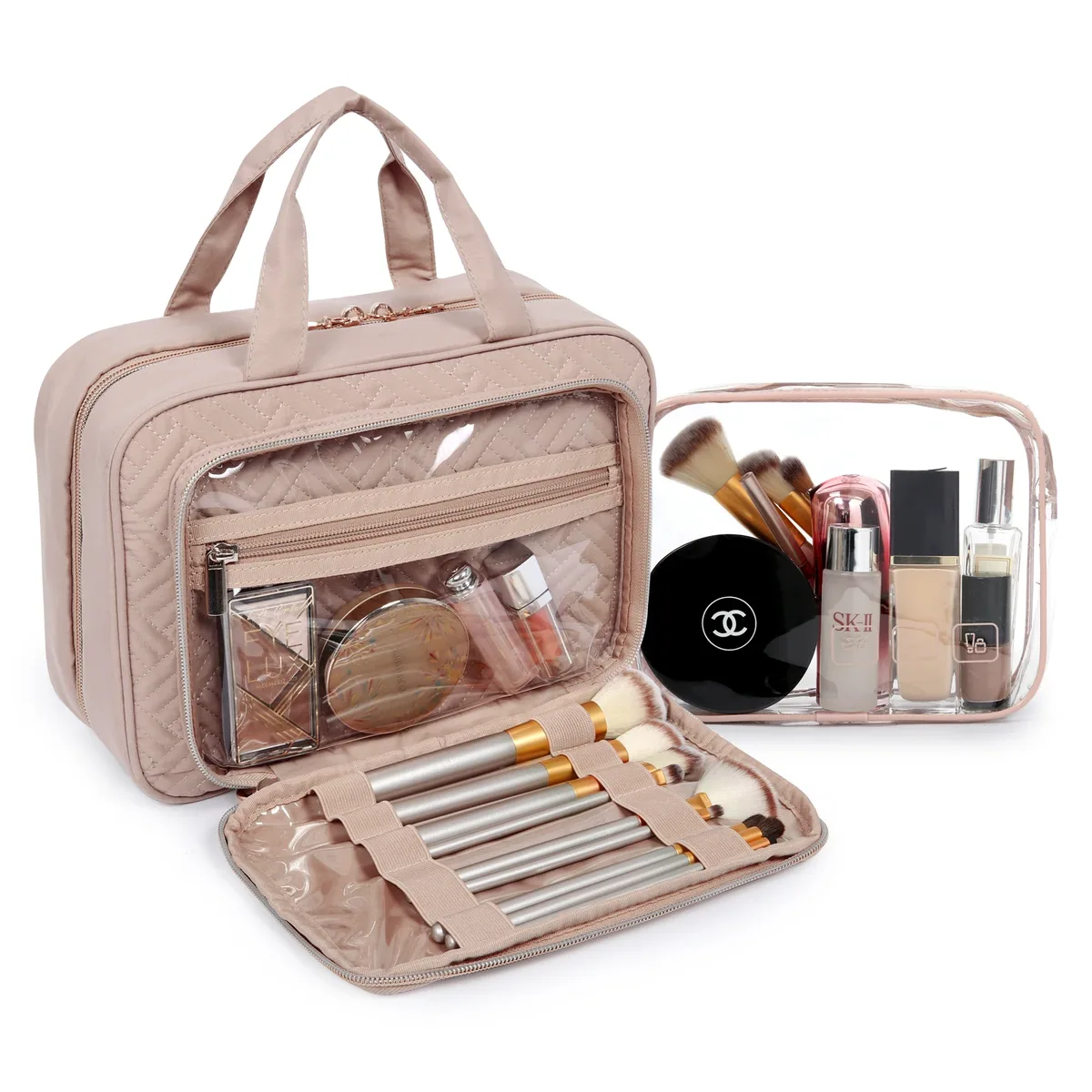 trousse toilette pvc noire accent doré compartiments organisation maquillage voyage boîte format rectangle motif géométrique relief frontal