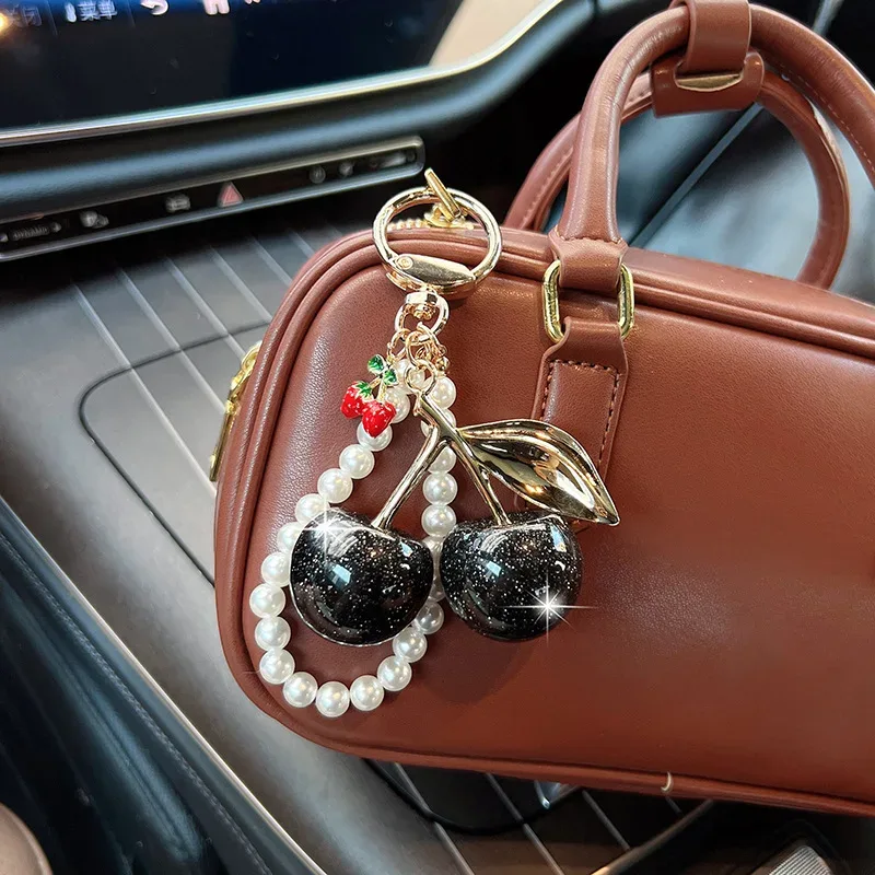 1pc porte-clés perles d'imitation cerise douce, pendentif de sac exquis, décoration pour sac à dos, accessoire de voiture, bijou cadeau