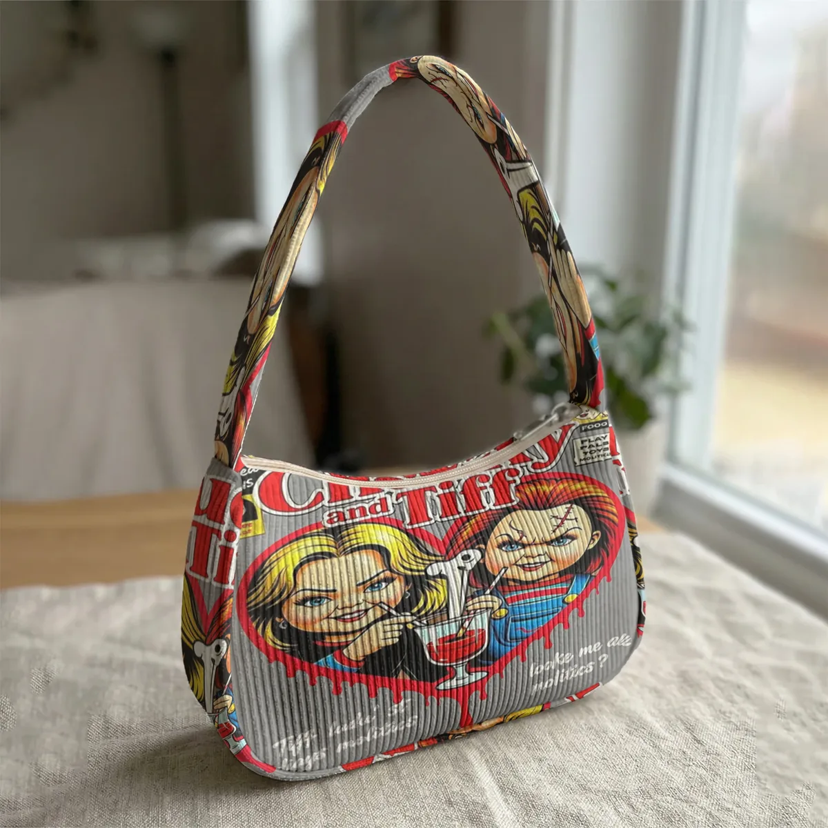 sac à bandoulière tendance imprimé chucky & tiffany, sac sous le bras en velours côtelé pour un usage quotidien décontracté