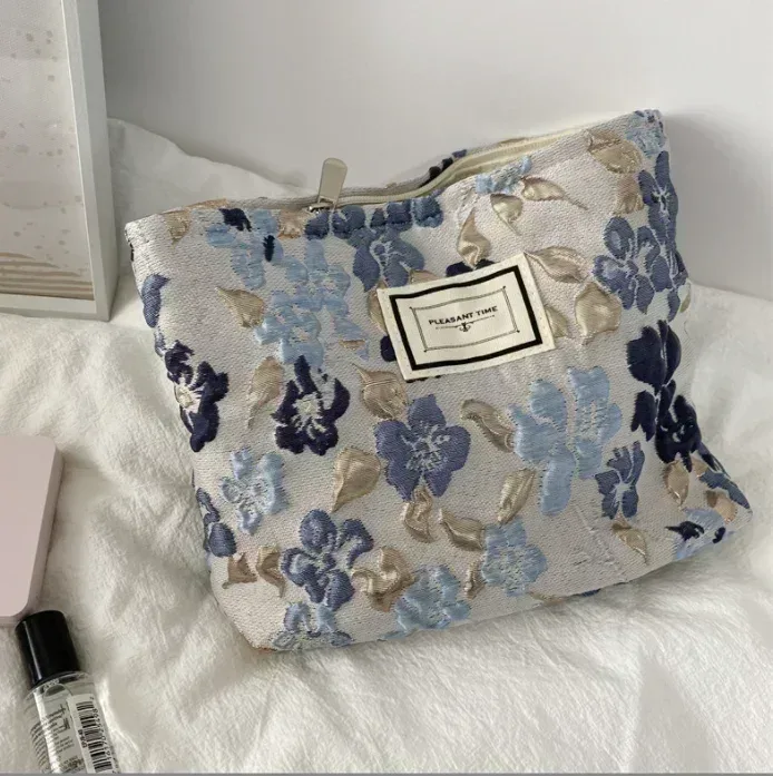 trousse à cosmétiques de beauté florale pour femme, trousse de maquillage, broderie coréenne, velours côtelé, grand sac de rangement de lavage et de toilette, poudres, voyage