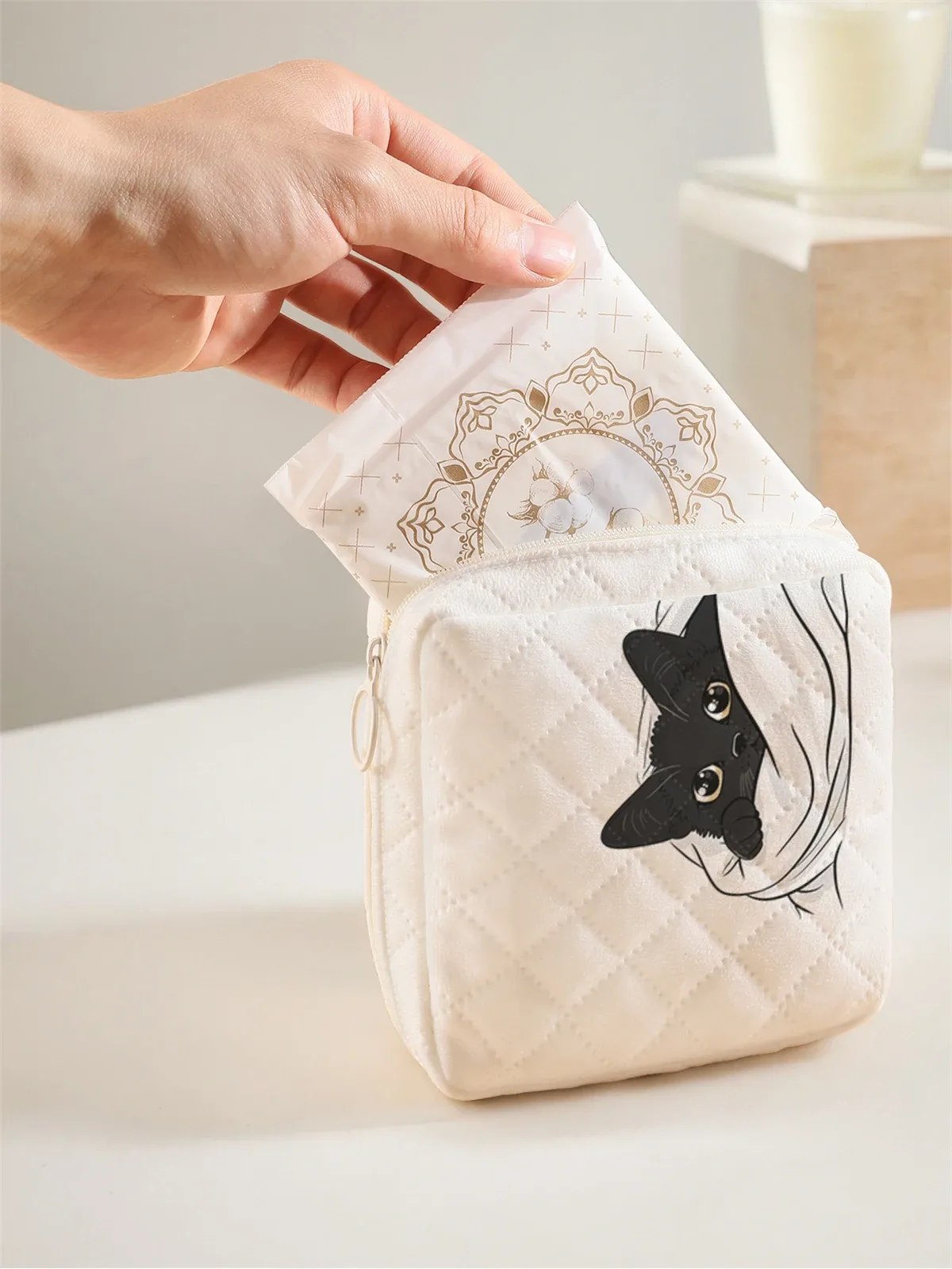 Trousse Polyester Motif Chat Noir Blanc Quadrillée Fermeture Glissière Petit Format Usage Voyage Cosmétiques Maquillage