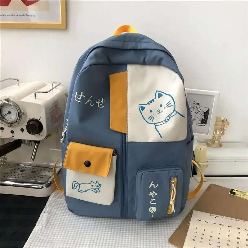 sac à dos de voyage en nylon imperméable de grande capacité, cartable de style coréen avec chat de dessin animé mignon pour femme