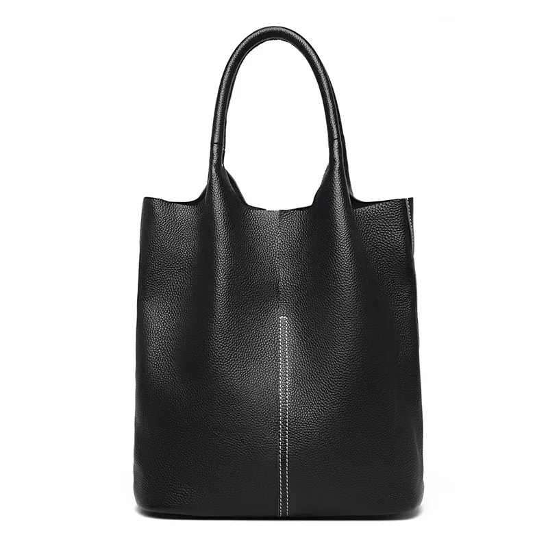 sac à main en cuir véritable pour femmes, fourre-tout de banlieue en cuir de vache souple, fourre-tout à bandoulière, grand sac seau de luxe de styliste