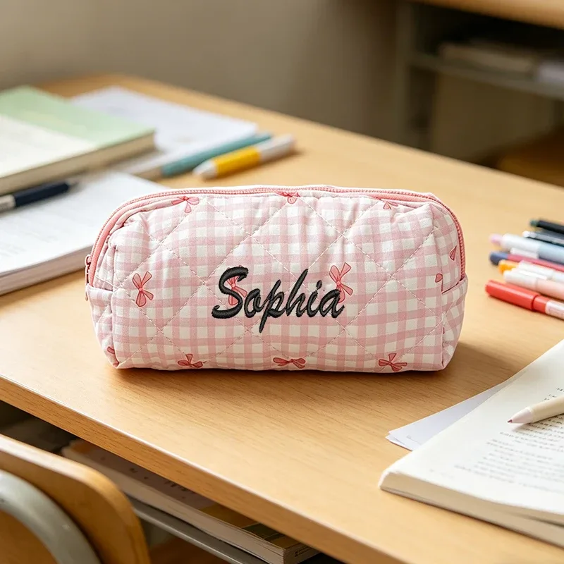 broderie personnalisée/style standard 2 options, trousse de maquillage imprimée avec nœud, trousse à crayons, début de la rentrée scolaire!