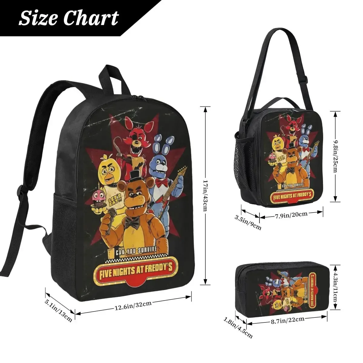 sac dos polyester five nights at freddy's personnages motif noir format rectangulaire bandes latérales pique-nique poignée fermeture glissière transport idéal usage quotidien voyage