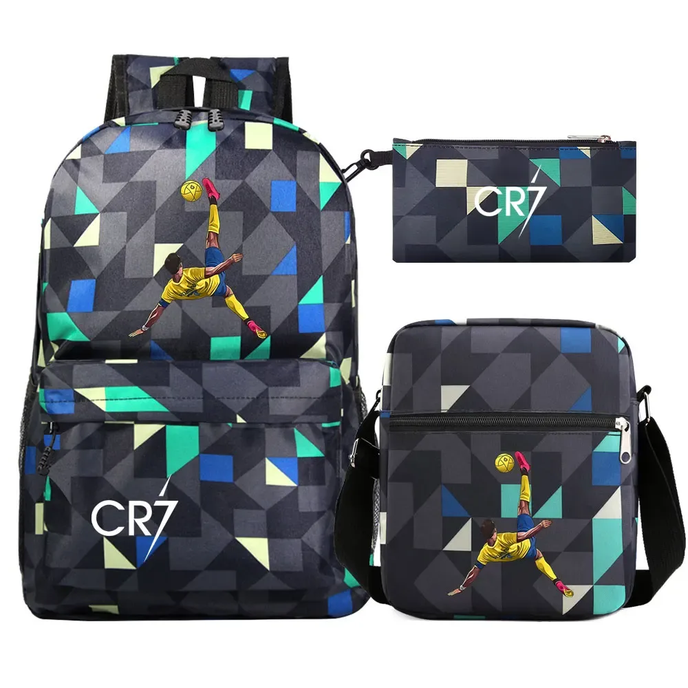 football star cr7 3 pièces garçon fille retour à l'école livre sacs, étudiant sac à bandoulière porte-crayon sac à dos, adolescents mochila hommes femmes