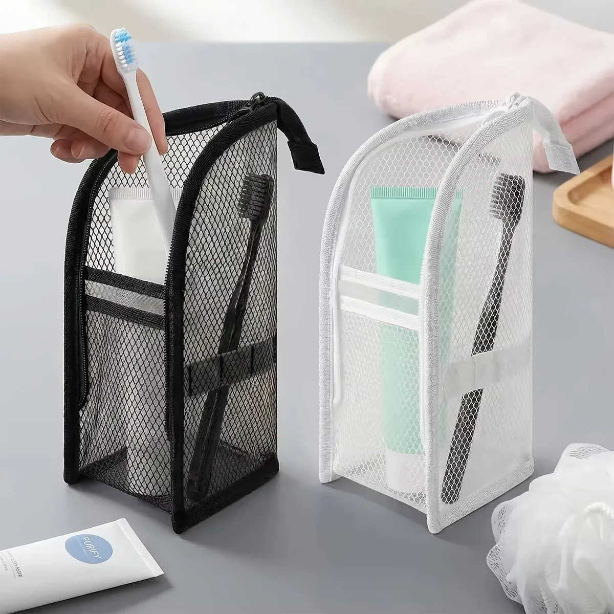 sac de toilette de voyage en maille, organisateur de cosmétiques respirant, pochette portable à fermeture éclair pour ranger le dentifrice et la brosse à dents dans la salle de bain