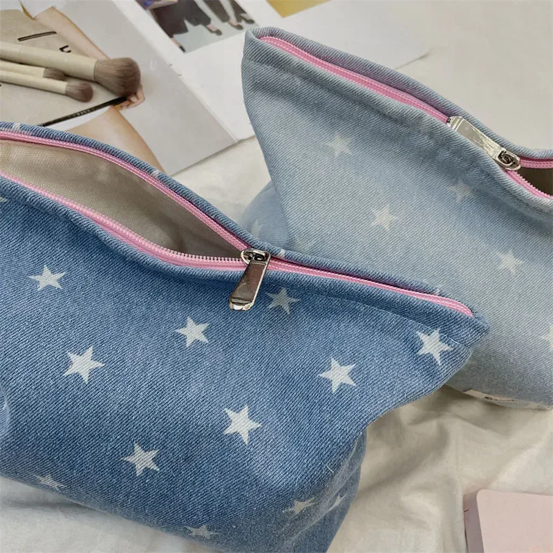 style coréen grand nœud étoiles imprimer maquillage stockage étui à fermeture éclair produits de soins de la peau sacs de rangement de cosmétiques sac de maquillage de voyage