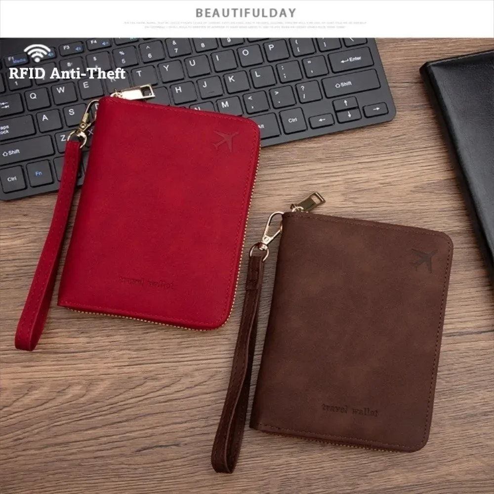 portefeuille de voyage multifonctionnel en pu avec protection rfid, couleur unie, anti-magnétique, fermeture éclair, sac de rangement pour documents, unisexe