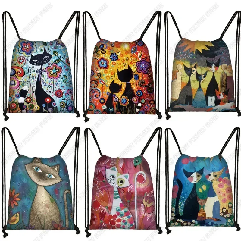 Sac à dos de voyage en toile avec motif de chat pour femme, sac de rangement, sac de proximité, joli, mignon, chat de dessin animé, image imprimée, mode