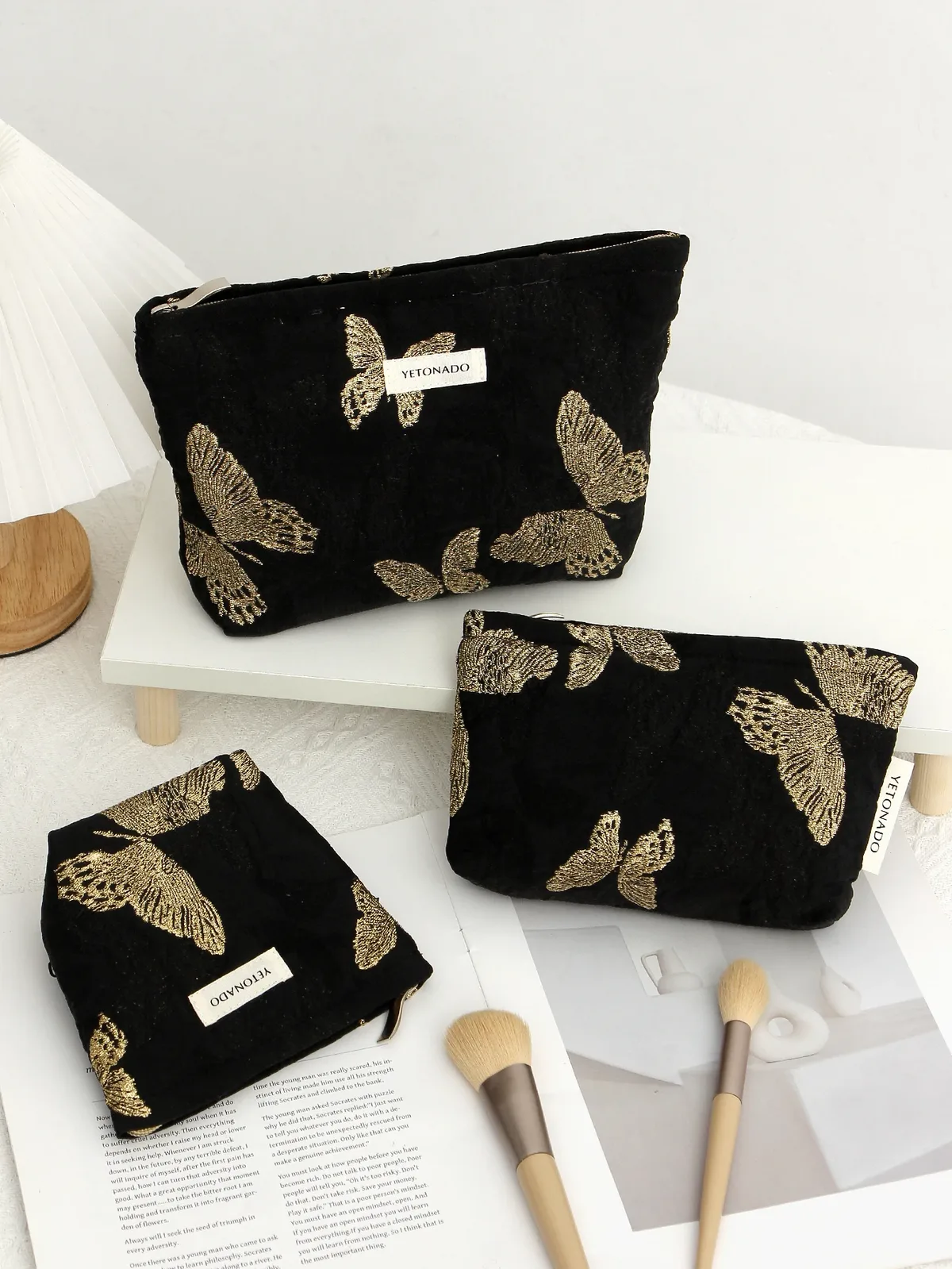 Trousse Polyester Noire Papillons Dorés Motifs Voyage Cosmétiques Maquillage Grande Capacité Multifonctionnelle S M XL