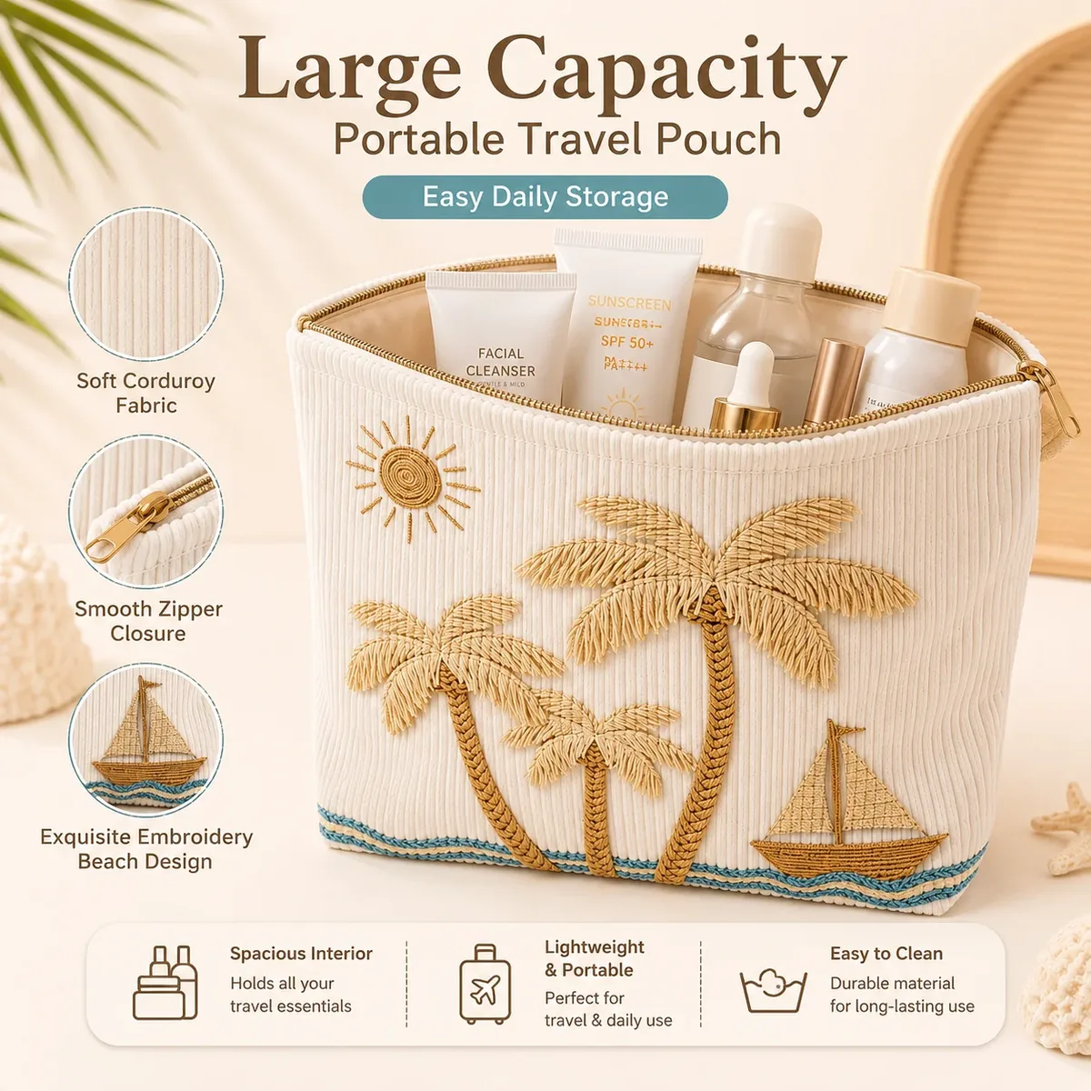 pochette de maquillage en velours côtelé brodée tropicale, grande trousse de toilette de voyage pour femmes, rangement pour articles de toilette de plage