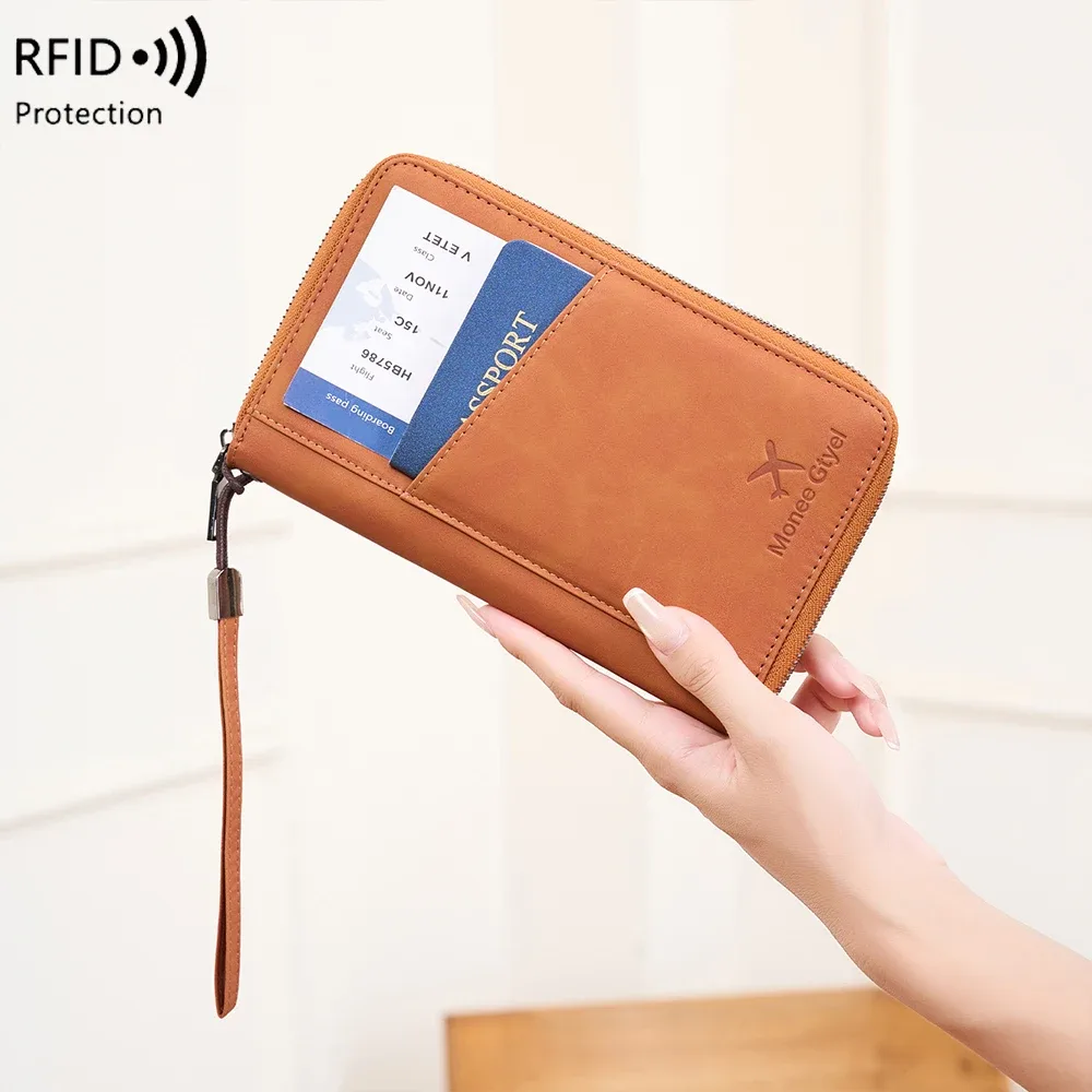 porte-passeport anti-vol rfid, portefeuille de voyage, organisateur de documents en similicuir avec fermeture éclair, couverture de passeport avec sangle de poignet