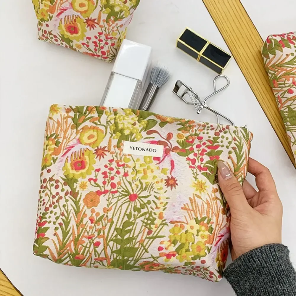 pochette en toile de polyester à motif floral, grande capacité, fermeture éclair, pochette de rangement cosmétique portable à motif floral