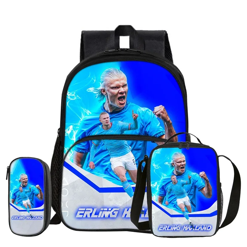sac dos nylon bleu motifs football erling haaland grand bandoulière arquée sac déjeuner pochette enfant usage voyage